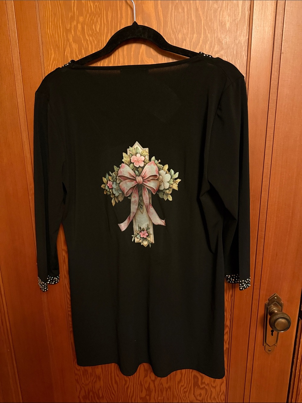 Black Long-Sleeve Tunic with Floral Bow Back Detail